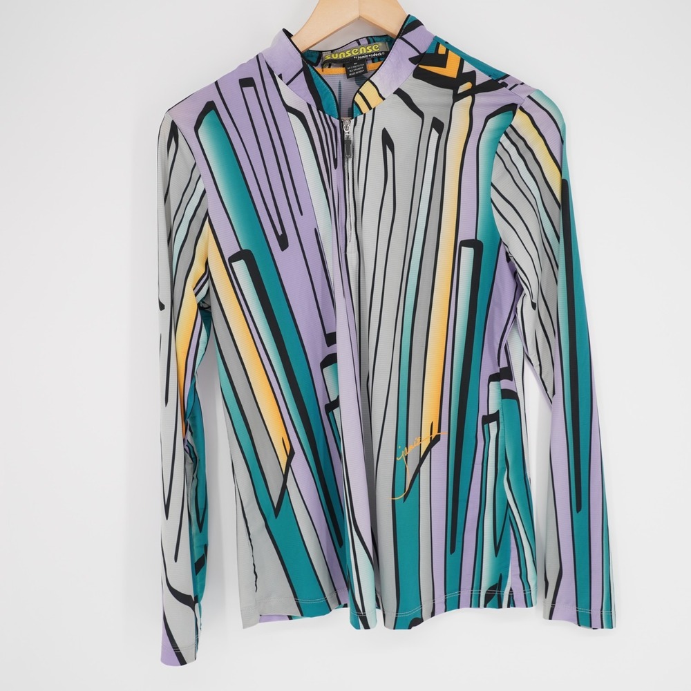 Jamie Sadock Sunsense 1/4 Zip Shirt  Women M Blue Abstract Long Sleeve UPF50